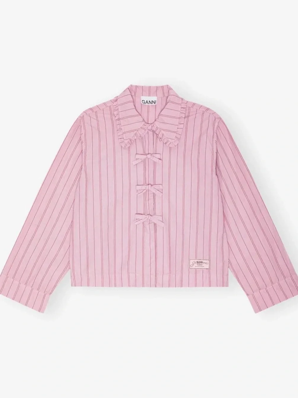 Ganni Pink Striped Tie-Bow Pyjama Shirt - Picture 2 of 6
